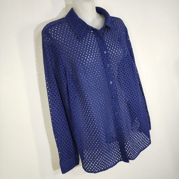 Denim & Co Shirt Womans Medium Blue Button Up Eyelets Sheer Long Sleeve A288398 - Picture 4 of 9